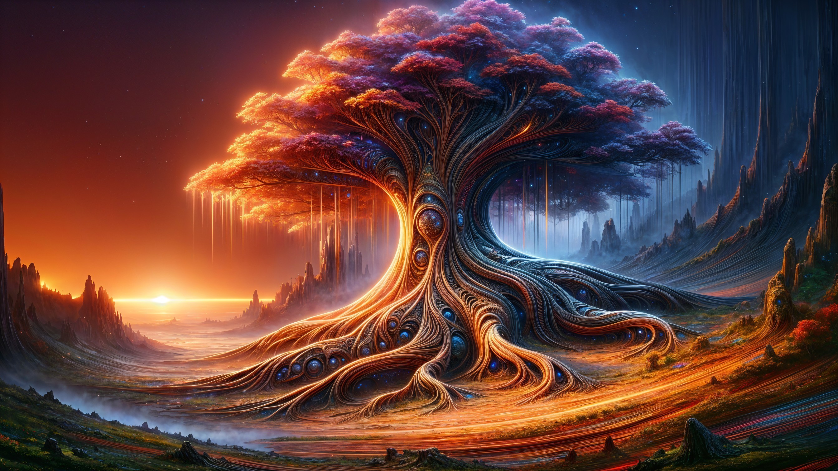 Majestic Tree Under Cosmic Sunset with Vibrant Colors