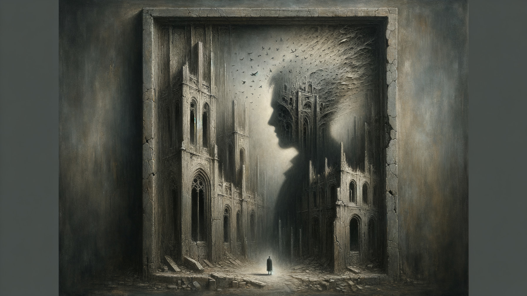 Surreal Landscape with Ruins and Ethereal Silhouette