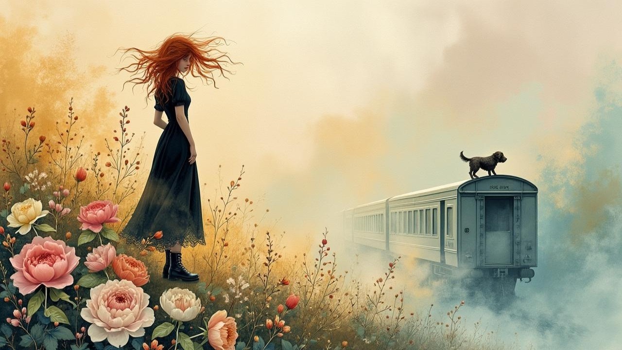 Dreamy Landscape with Figure, Flowers, and Train