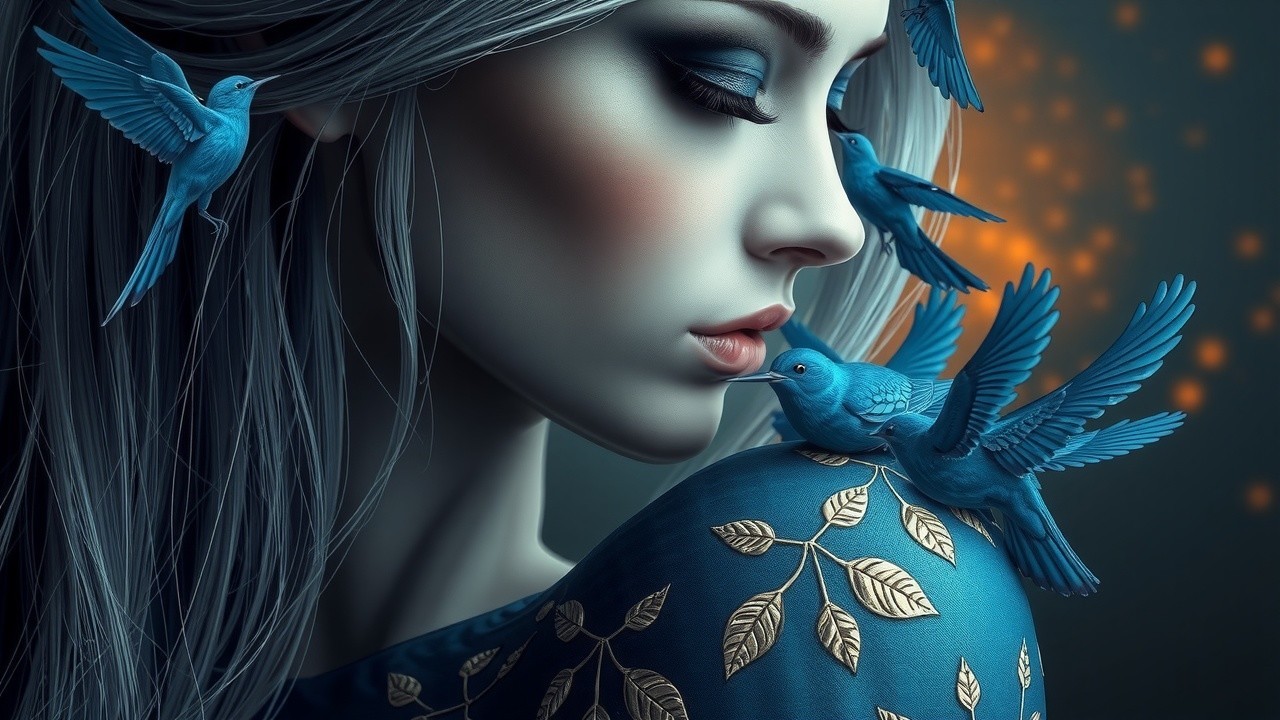 Close-up of a serene woman in blue with golden leaves
