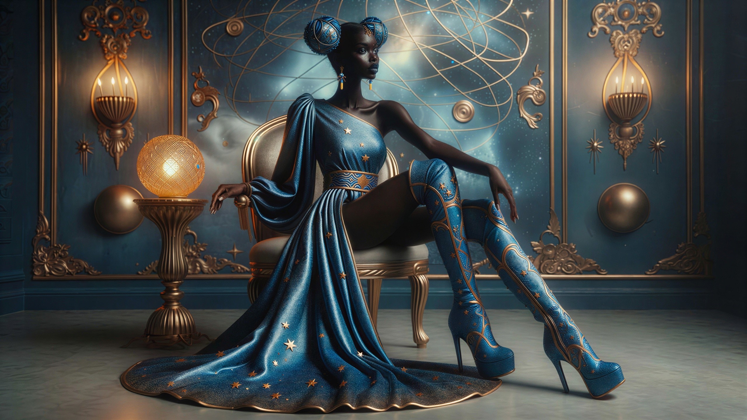 Regal Woman in Royal Blue and Gold Room Setting