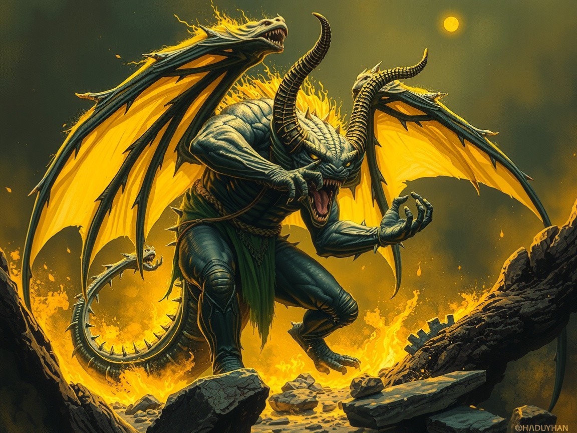 Mythical creature with two heads in a fiery landscape
