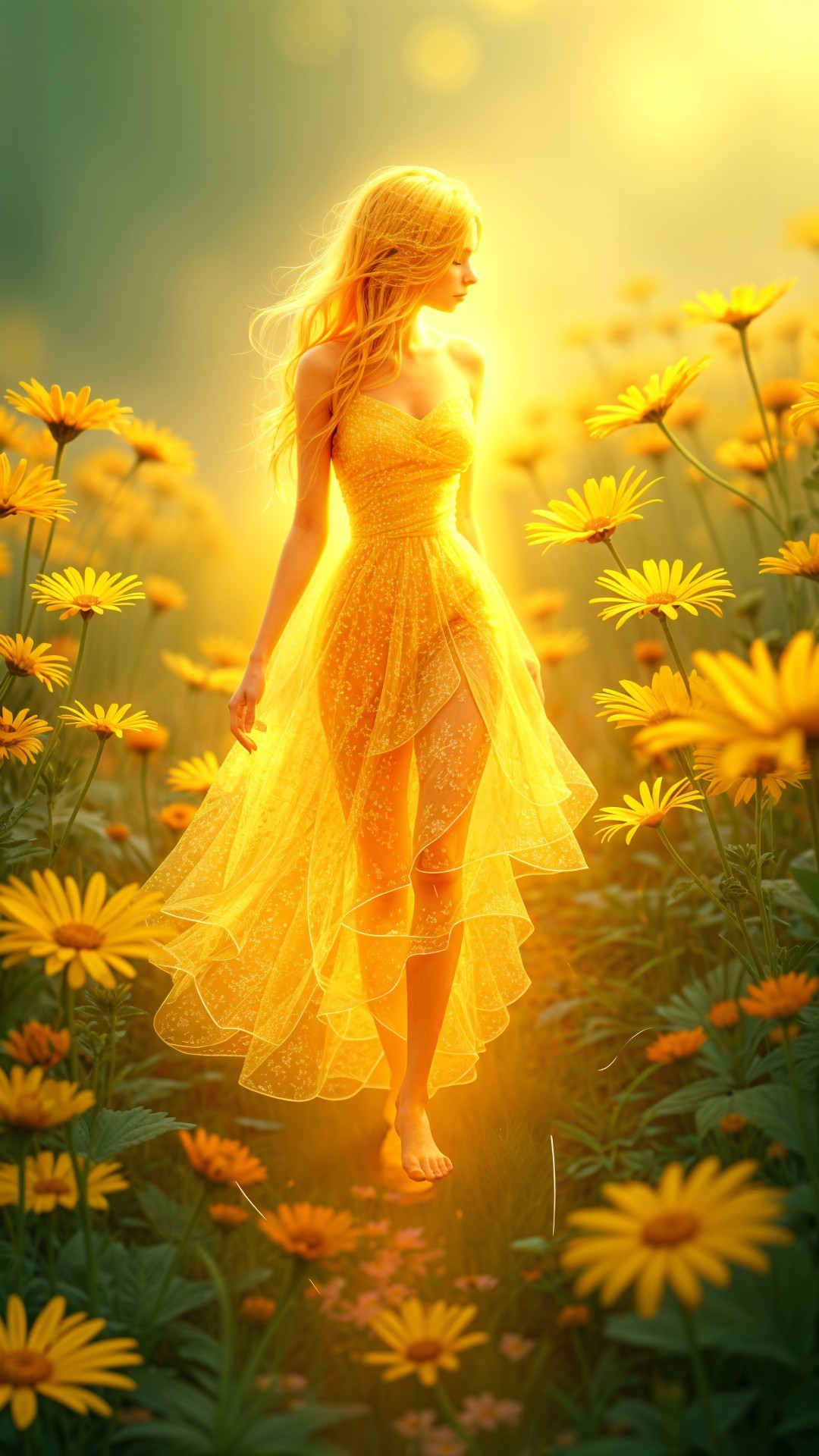 Young woman in yellow dress in flower field