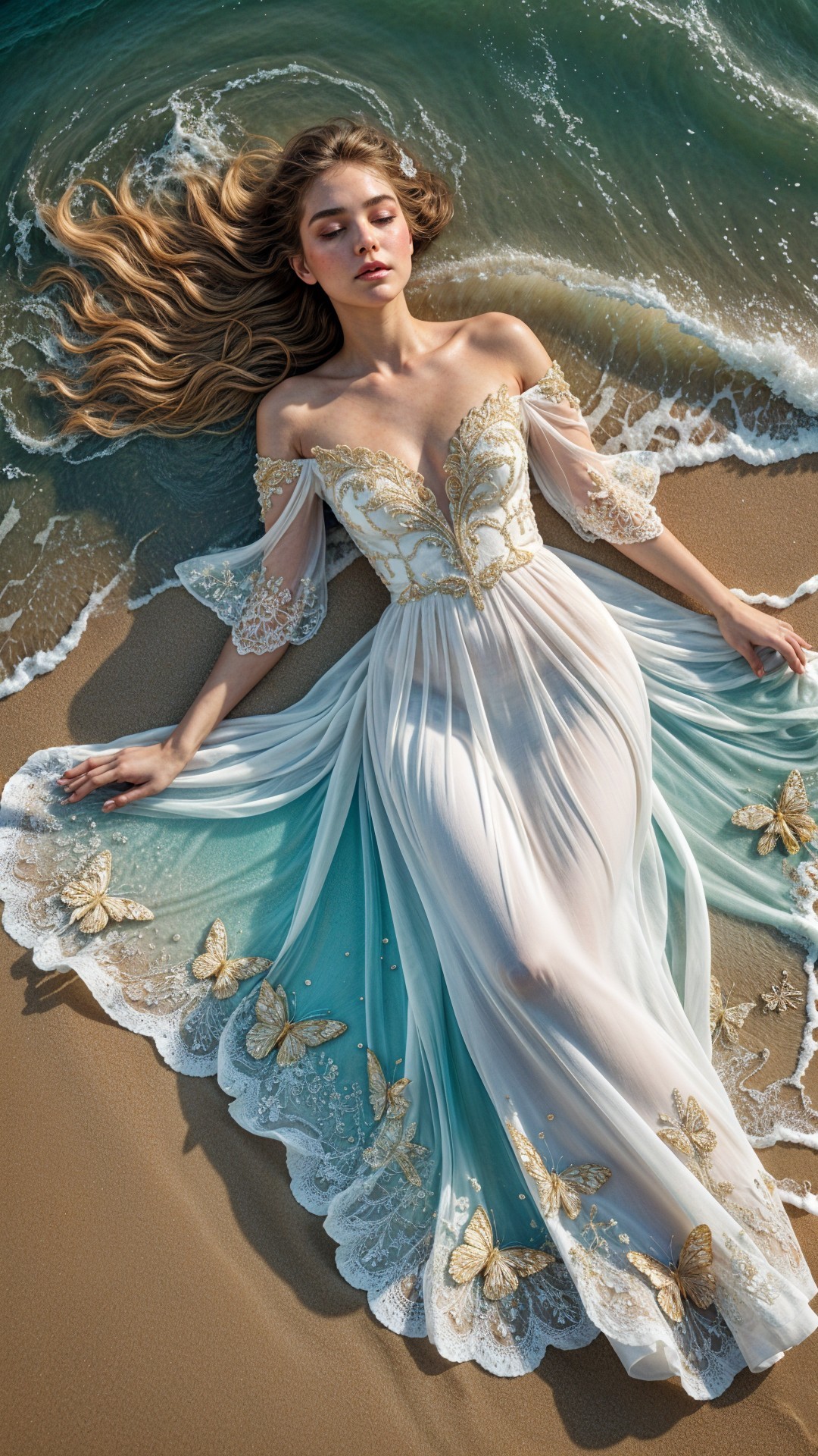 Elegant Woman in Flowing Gown on Sandy Beach