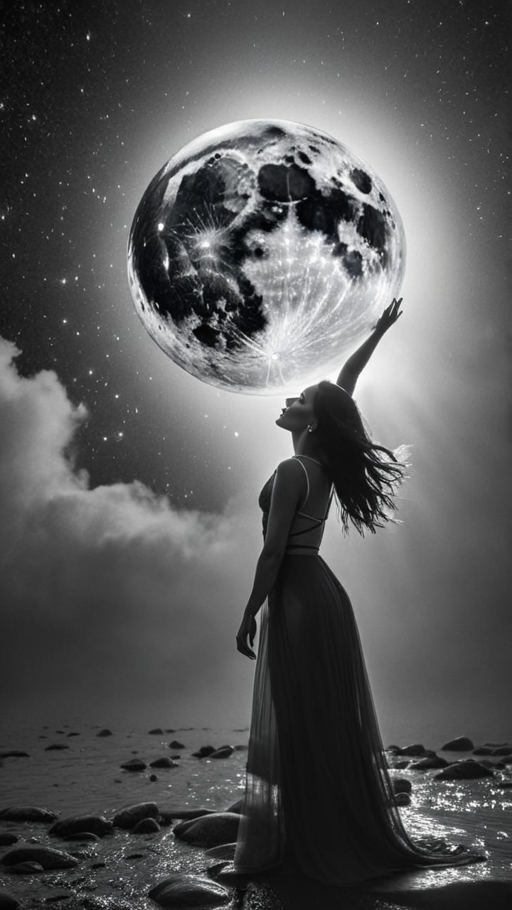 Silhouette of a woman with luminous moon backdrop