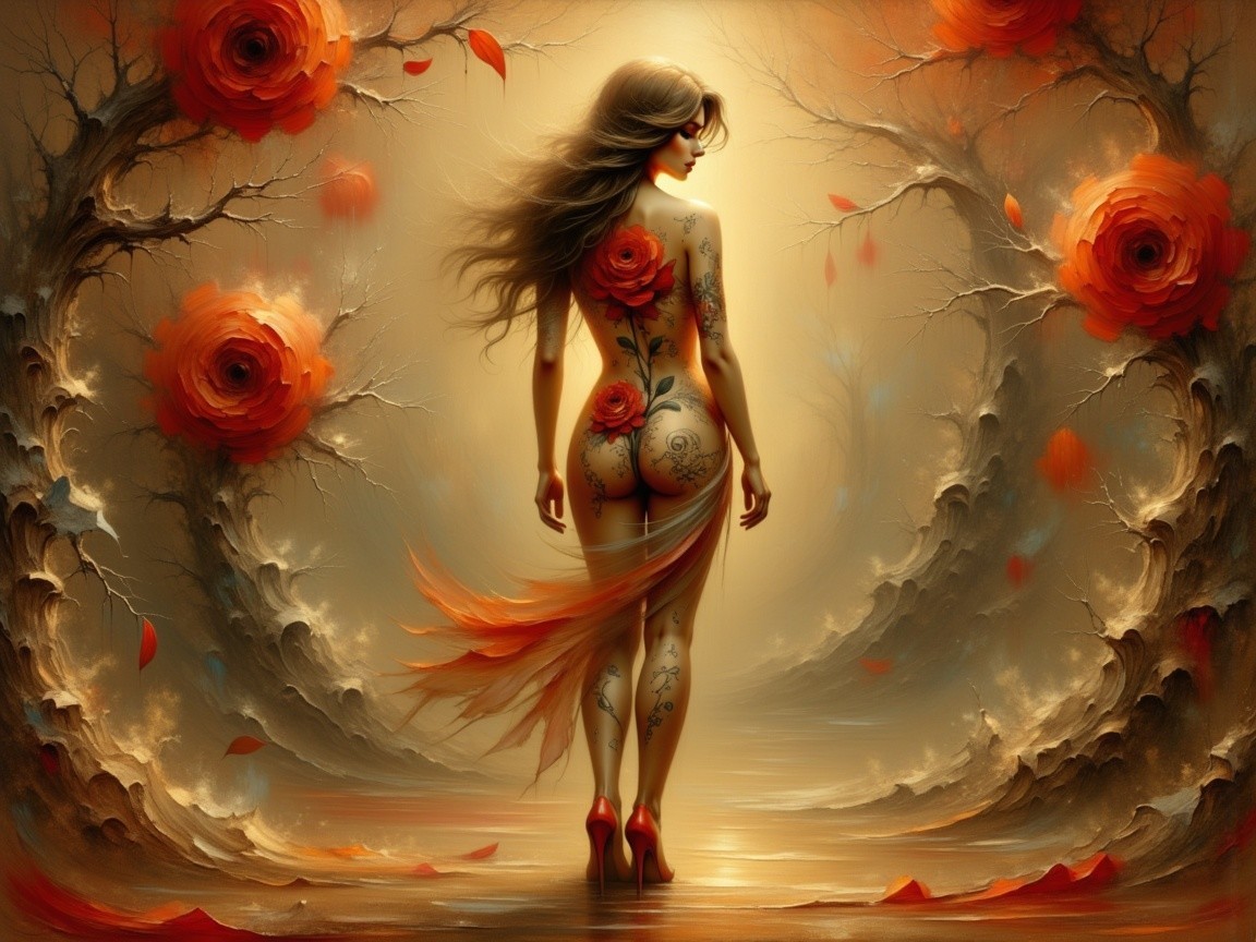 Ethereal Female Figure in Dreamy Rose Landscape