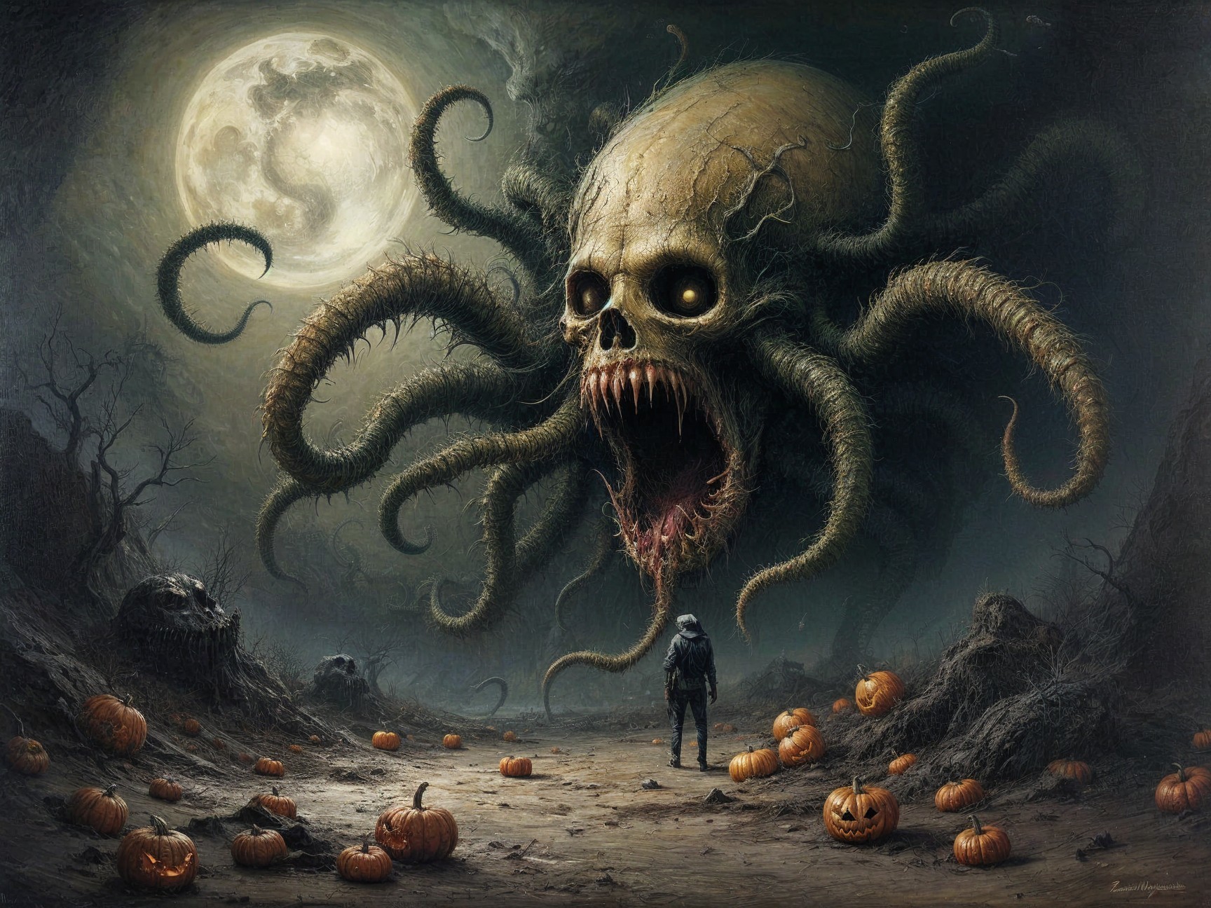 Eerie Landscape with Skull and Tentacles Under Moon