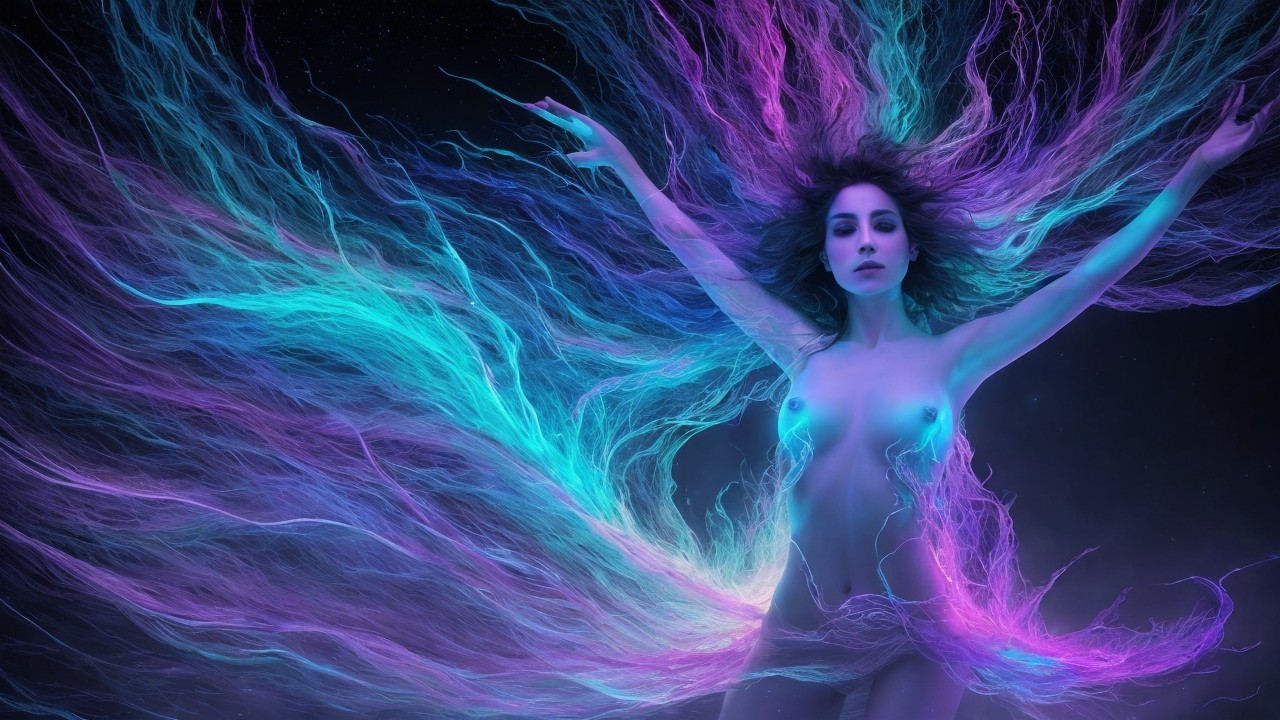 Woman in vibrant colors against a starry cosmos