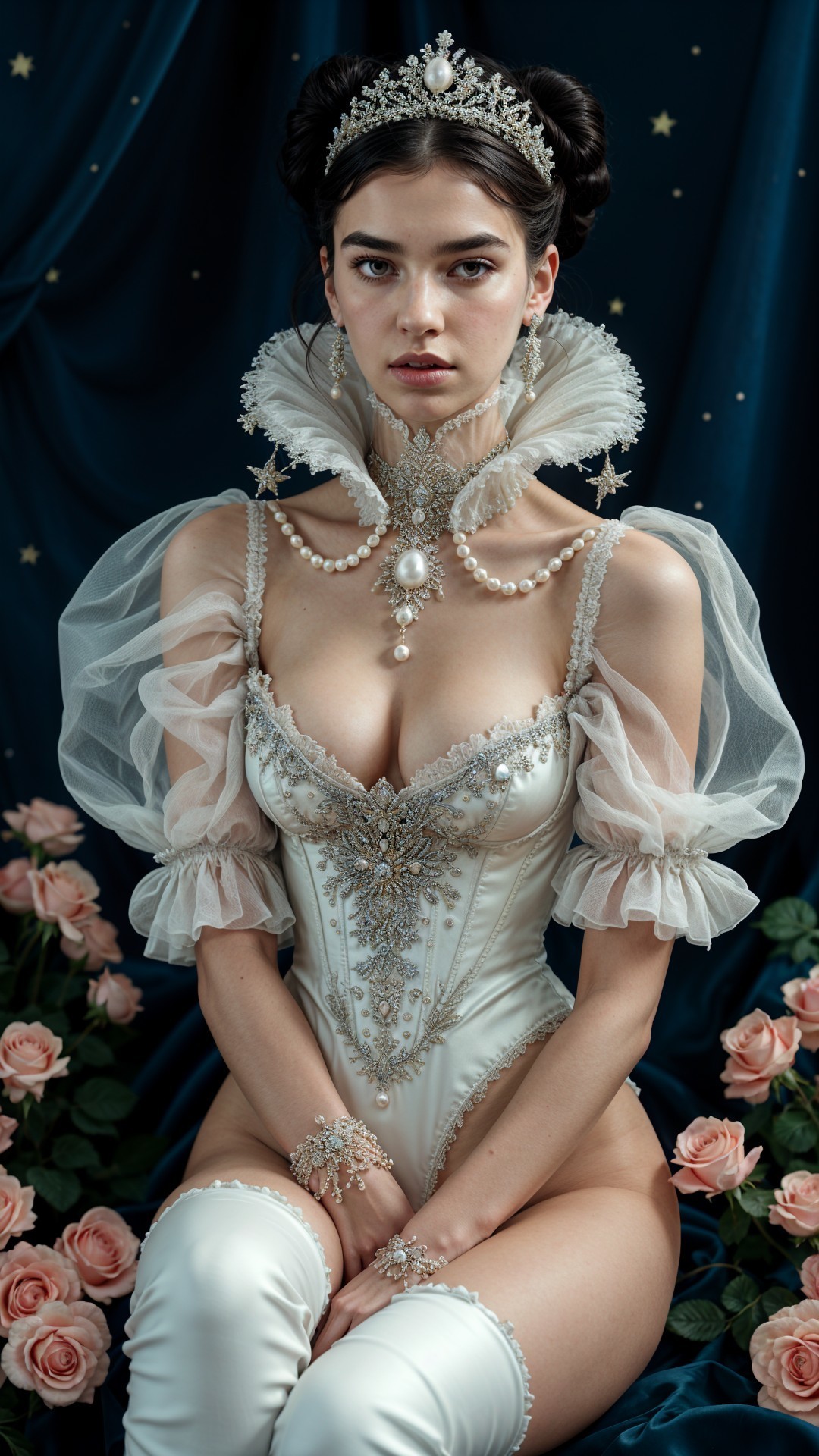 Regal figure in vintage gown with intricate details