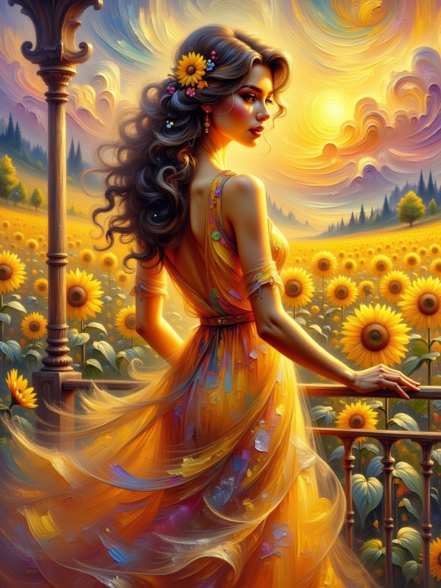 Woman in Orange Dress Surrounded by Sunflowers