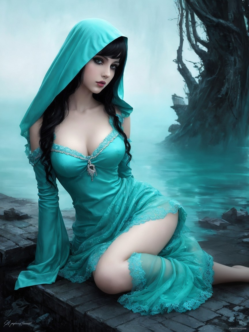 Serene figure in turquoise gown by misty shoreline