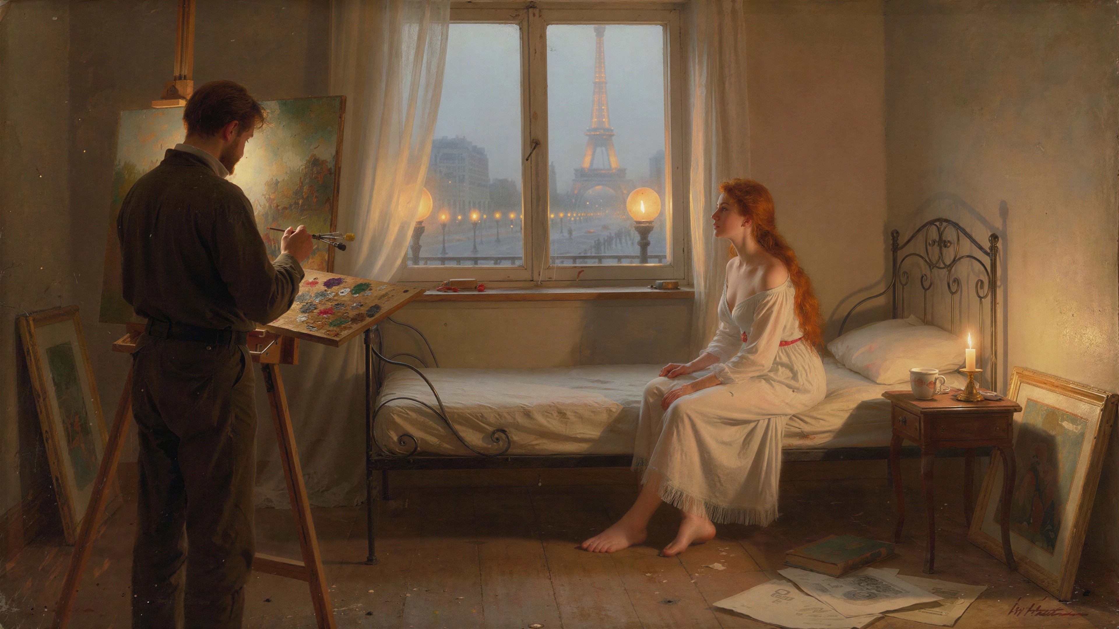 Dimly Lit Room with Artist and Model by Window