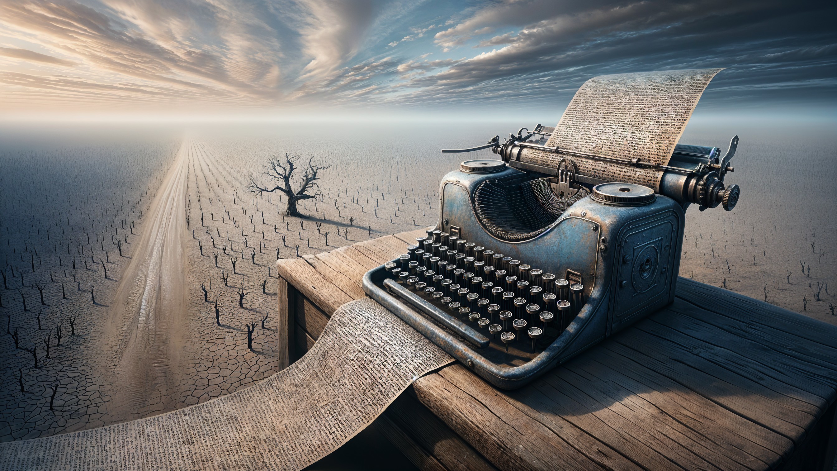 Antique Typewriter on Weathered Table in Barren Landscape