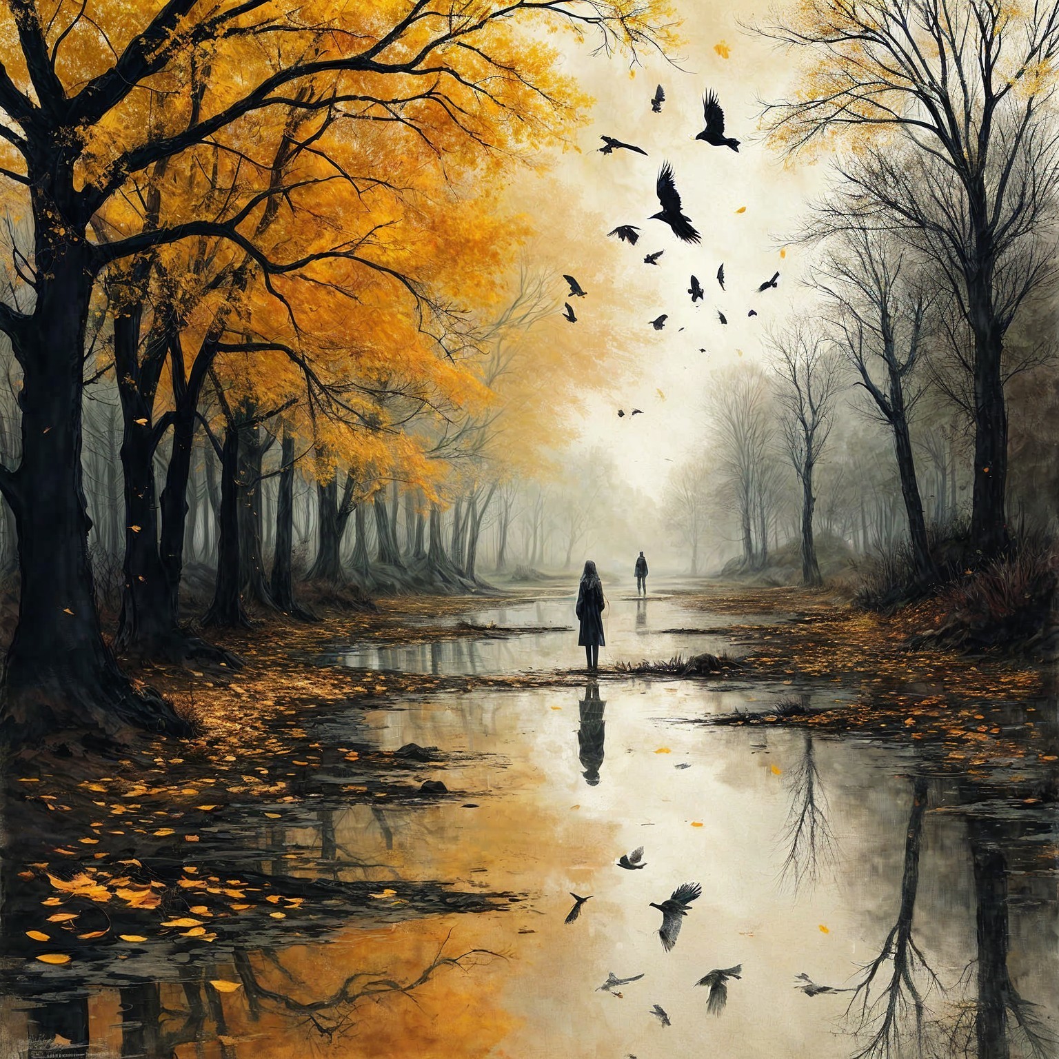 Serene Autumn Landscape with Misty River and Trees