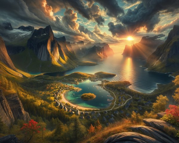 Tranquil Bay Landscape with Majestic Mountains and Sunset