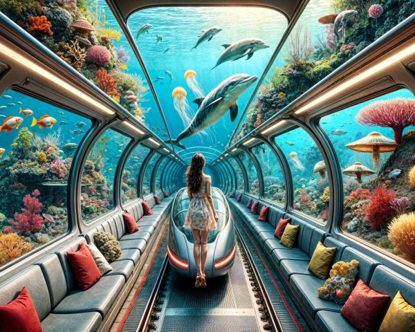 Futuristic Underwater Train Amidst Vibrant Coral Reef
