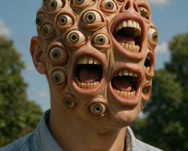 Surreal humanoid figure with multiple eyes and mouths