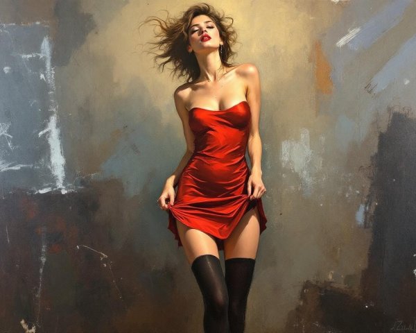 Confident Woman in Red Dress with Abstract Background