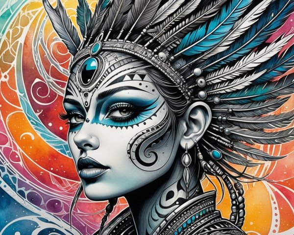 Portrait of a woman with tribal patterns and jewelry