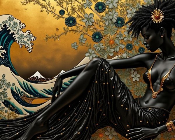 Elegant Woman in Black Gown with Golden Accents