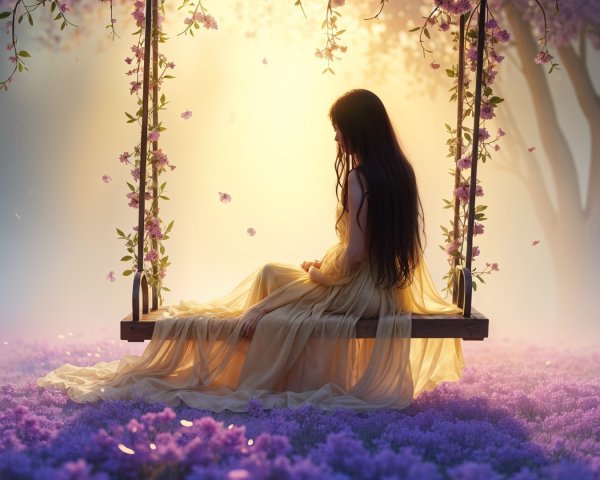 Young Woman on Blossom-Adorned Swing in Nature