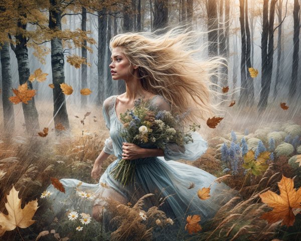 Young woman in flowing dress in misty autumn forest