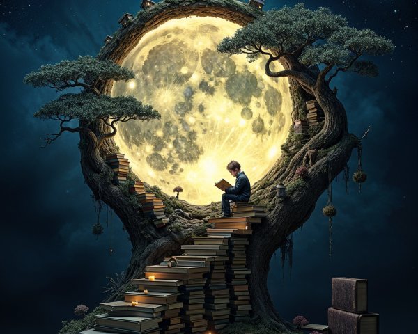 Mystical tree of books under a radiant full moon
