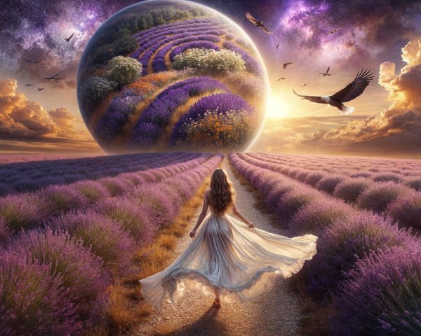 Woman in White Dress in Lavender Fields with Floating Orb