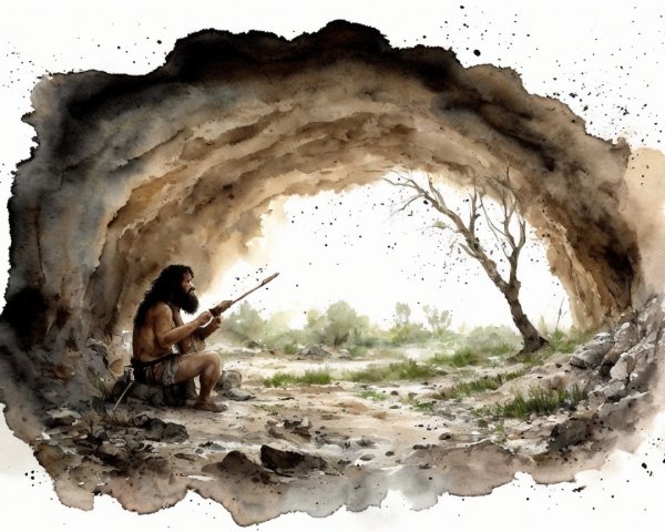 Prehistoric Figure in Cave with Spear and Landscape
