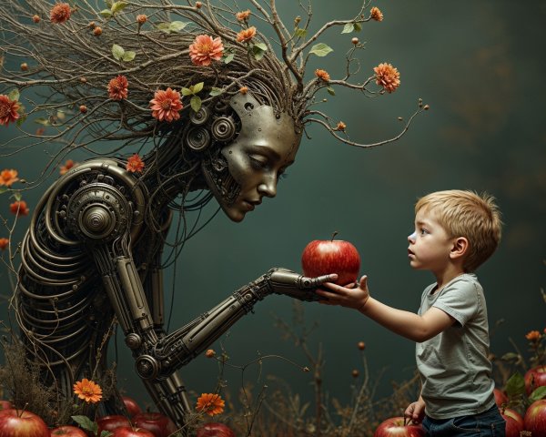 Metallic Robot with Vines Offers Apple to Boy