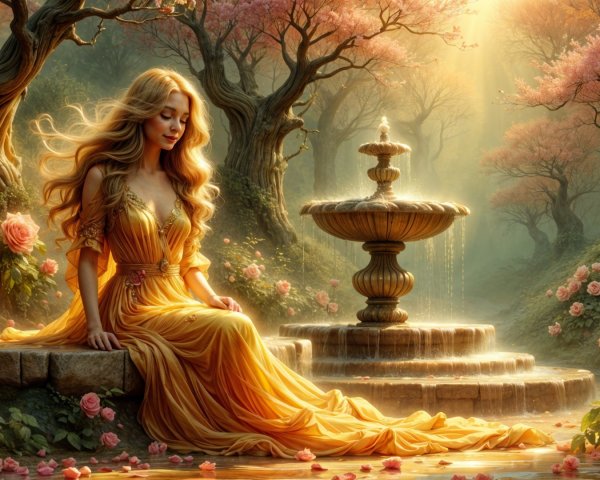 Woman in Golden Dress by Stone Fountain in Forest