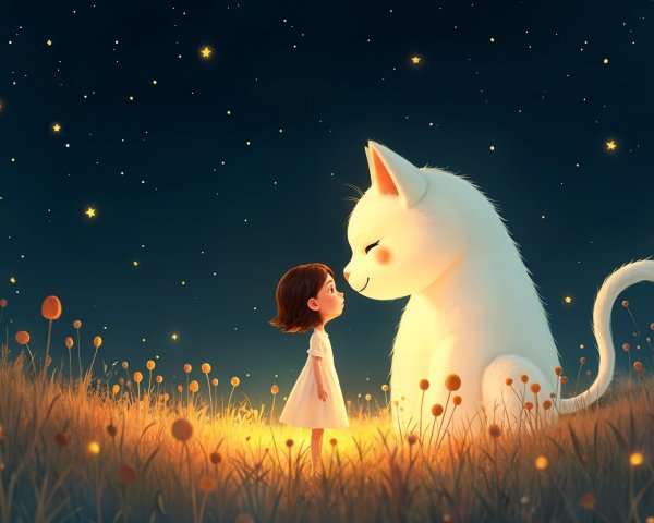 Magical Night with Girl and Fluffy White Cat
