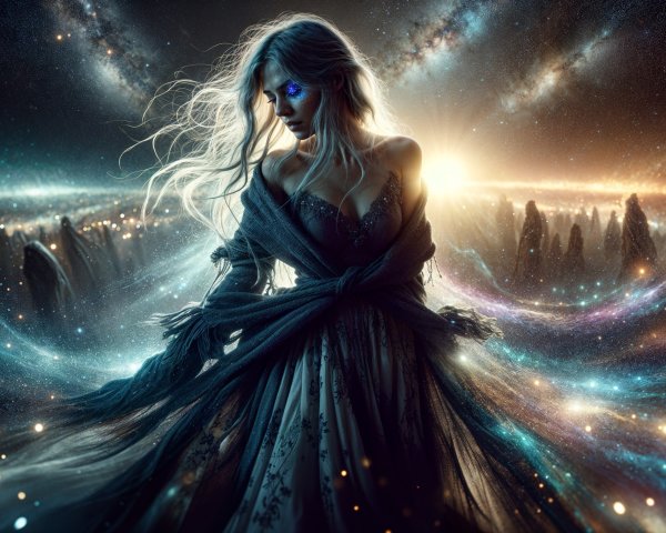 Celestial Figure in a Cosmic Landscape with Galaxies