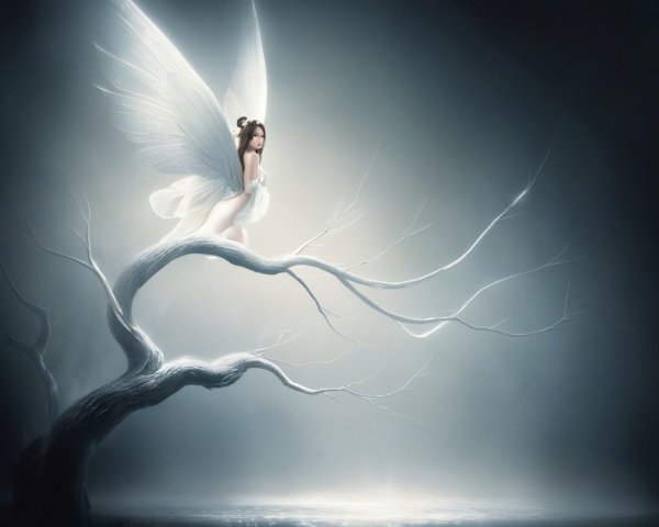 Fairy on a White Tree Branch in a Dreamlike Setting