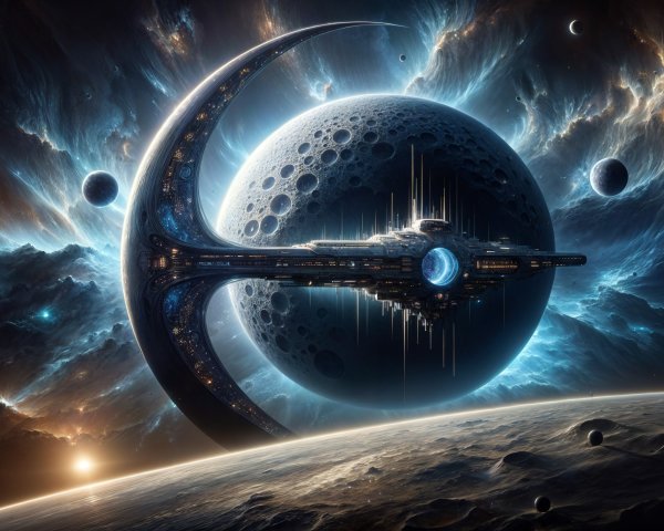 Futuristic Space Scene with Ringed Spaceship and Planet