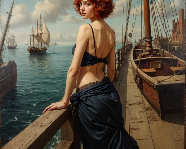 Woman with Red Hair Overlooking Harbor Scene
