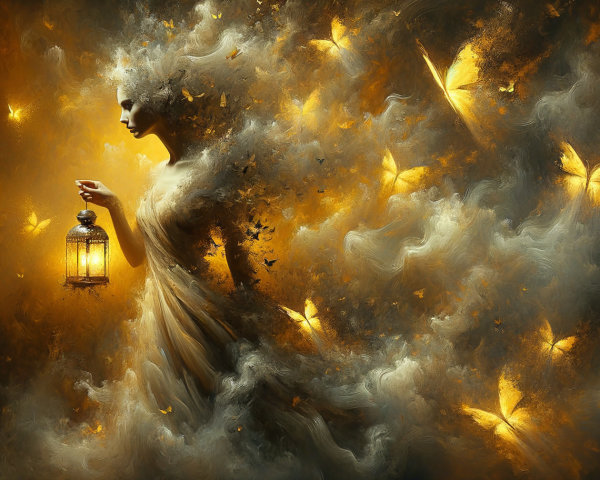 Mystical figure with lantern in golden cloud scene