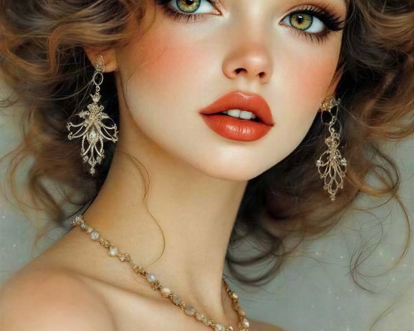 Portrait of a Young Woman with Curly Hair and Jewelry