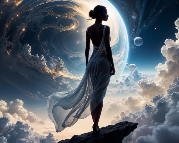 Silhouetted Figure Overlooking Cosmic Scene
