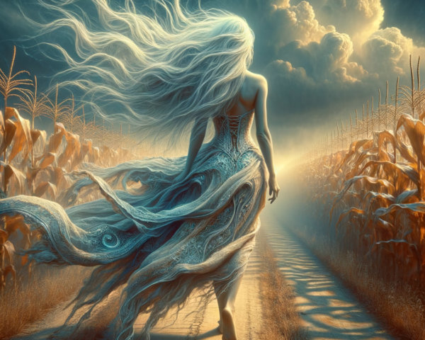 Ethereal Figure in Gown on Golden Dirt Path