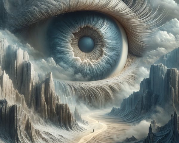Surreal Landscape with Colossal Eye and Mountains