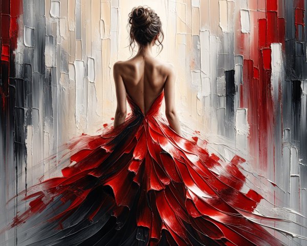 Woman in flowing red dress against abstract background