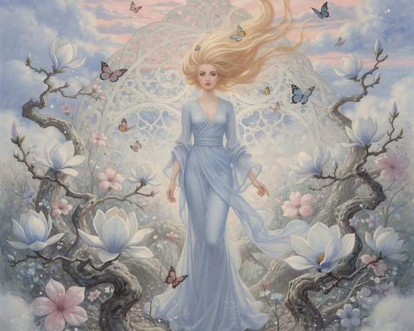 Fantasy Landscape with Woman in Blue Gown and Flowers