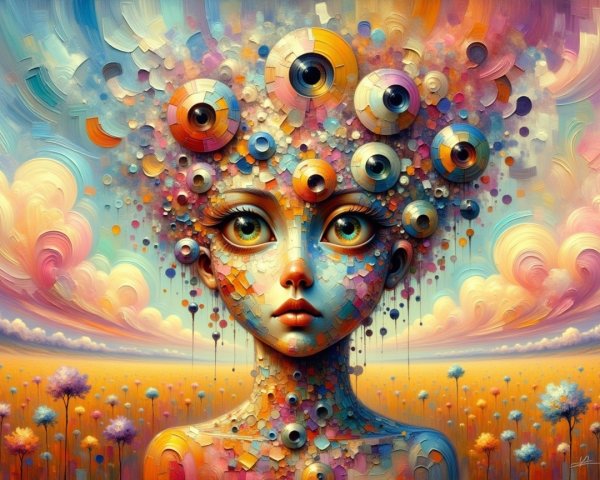 Surreal Portrait of a Woman with Colorful Geometric Hair