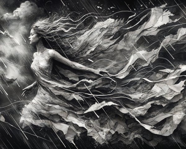 Ethereal Figure in Abstract Stormy Landscape
