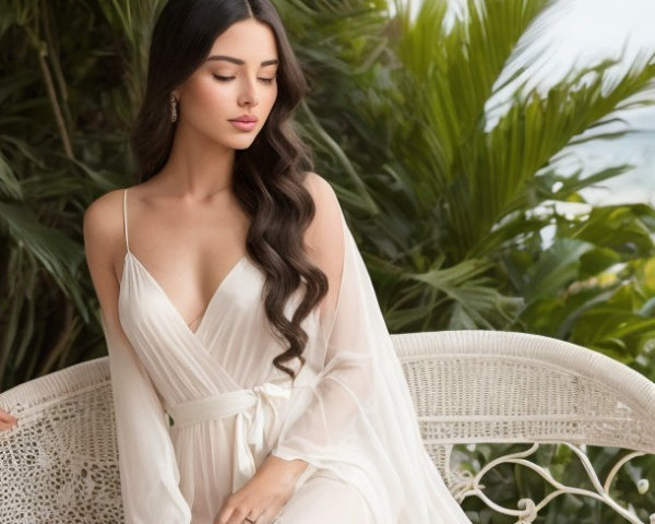 Young woman in white dress on vintage wicker chair