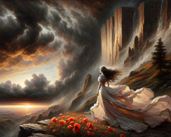 Ethereal Woman on Cliff Surrounded by Poppies at Sunset