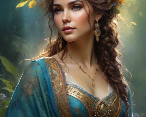 Ethereal Woman in Gold Crown and Blue Dress in Forest
