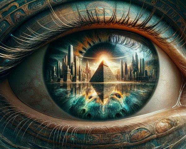 Close-up of an eye reflecting a futuristic landscape