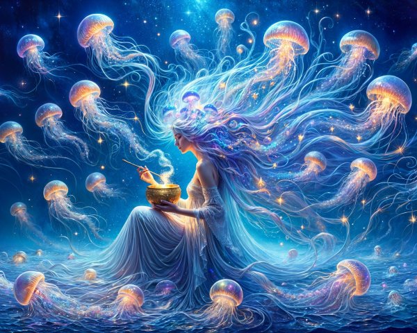 Mystical figure in serene ocean with glowing jellyfish